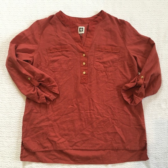 Anne Klein Tops - Anne Klein Linen Blend V Neck Roll Tab Sleeve Tunic Top‎ Orange Size L